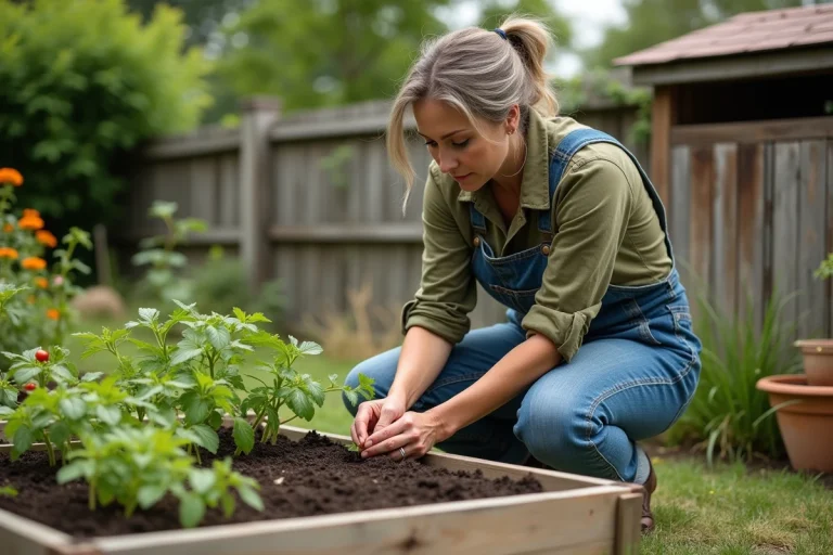 Femme jardinant dans un potager surélevé en bois, plantant des semis dans une terre riche entourée de tomates et de fleurs comestibles