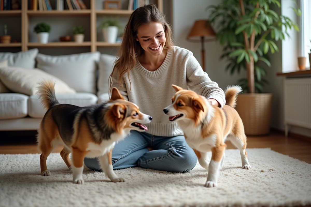 Jeune femme jouant avec deux chiens dans un salon chaleureux