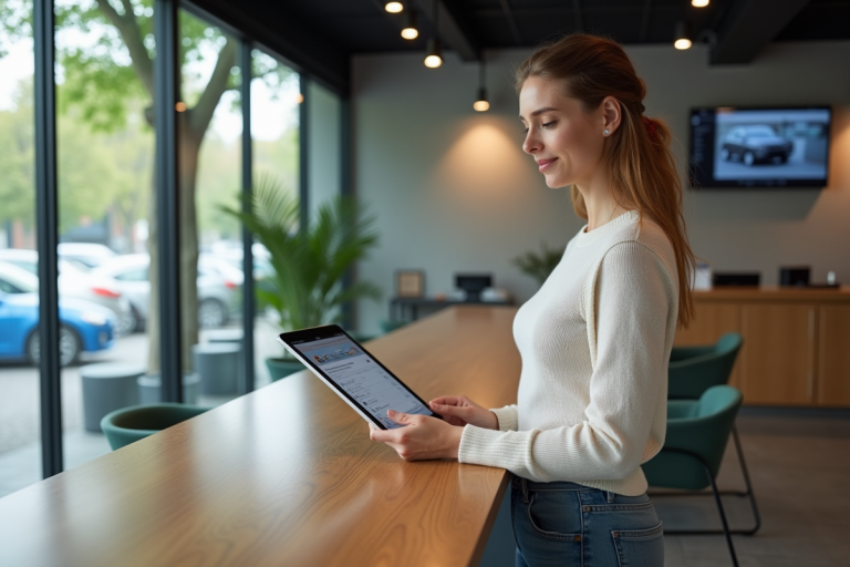 Femme regardant une tablette dans un bureau de location de voitures