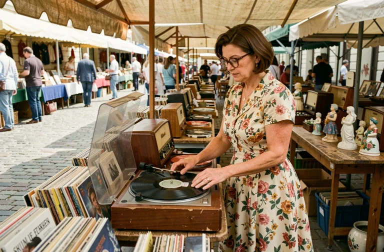 Femme en robe vintage des années 60 examinant un tourne-disque rétro sur un marché aux puces en plein air