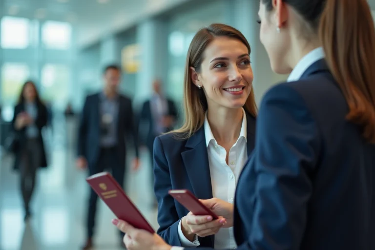 Femme mariée présentant son passeport au comptoir d'enregistrement d'un aéroport international