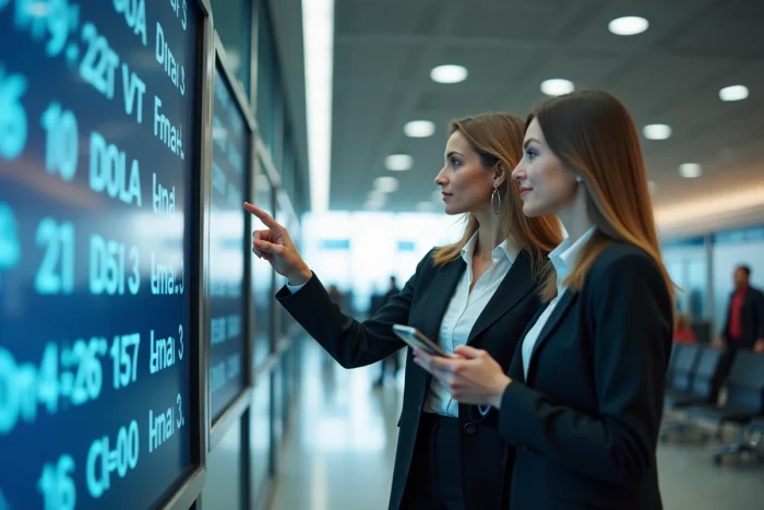 Deux femmes consultant le tableau des départs d'un aéroport avec une confirmation de billet d'avion sur smartphone