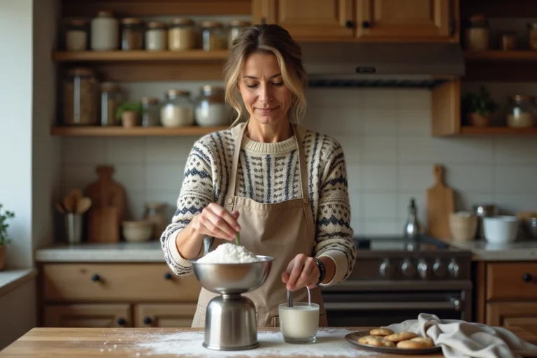 Femme en cuisine mesurant la farine avec une balance