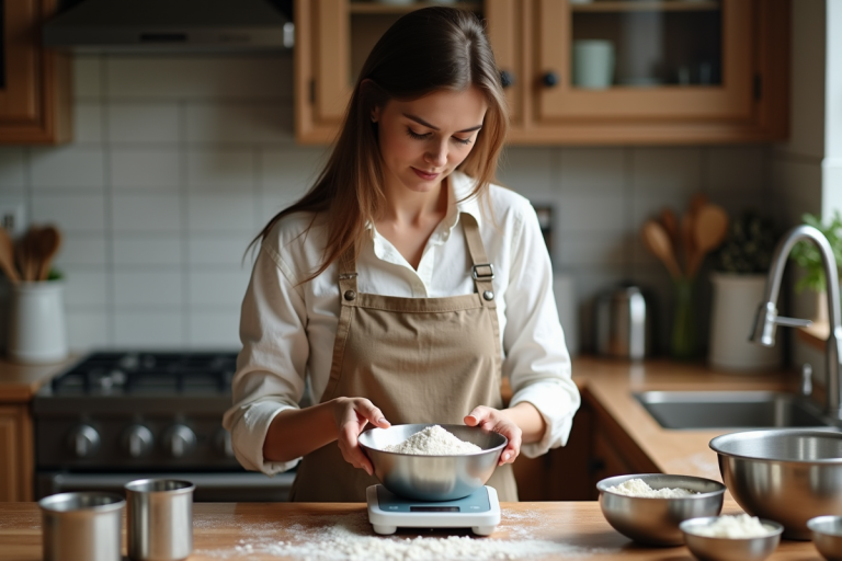 Femme mesurant la farine dans une cuisine chaleureuse