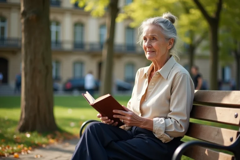 Femme française octogénaire assise sur un banc dans un parc parisien, illustrant la longévité et le vieillissement en France