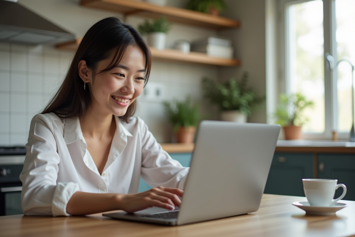 Jeune femme utilisant un ordinateur portable dans une cuisine chaleureuse