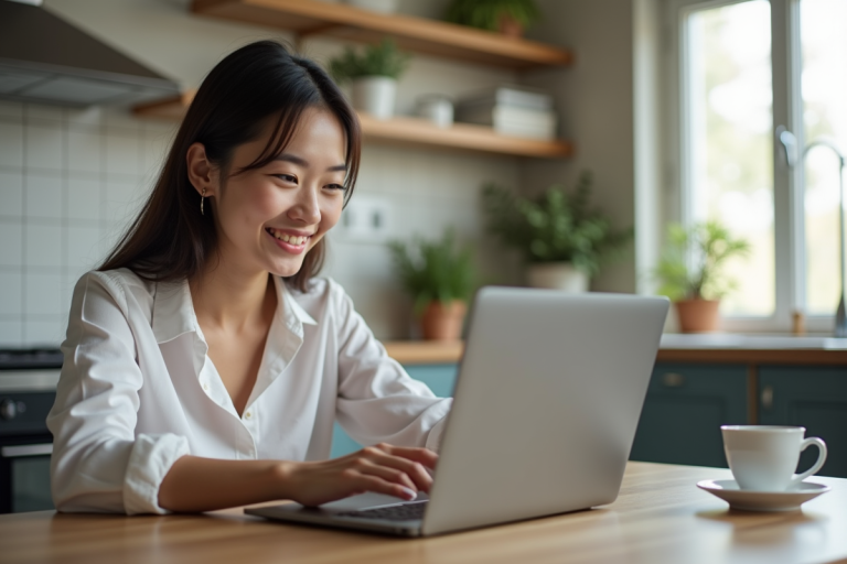 Jeune femme utilisant un ordinateur portable dans une cuisine chaleureuse