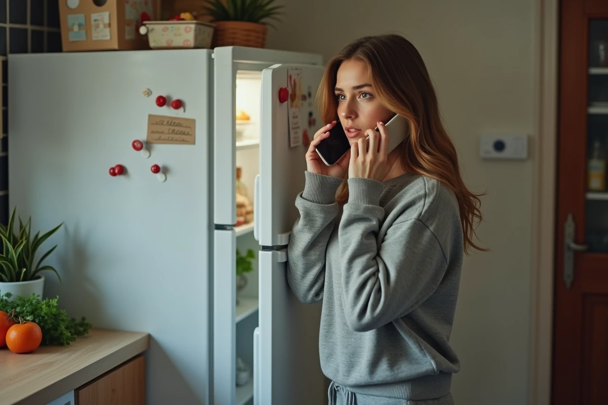 Jeune femme inquiète parlant au téléphone près du frigo