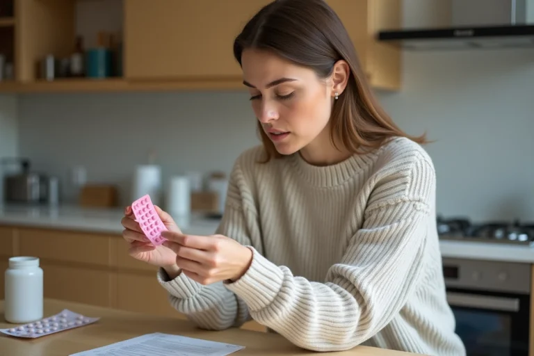 Femme examine une plaquette de pilules roses dans sa main