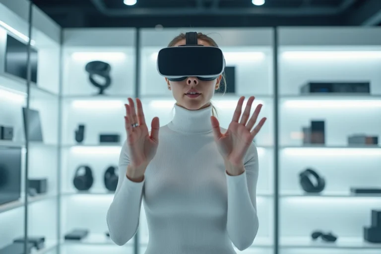 Femme testant un casque de réalité augmentée dans un showroom high-tech moderne en 2024