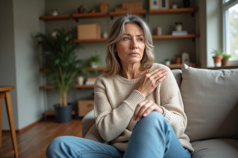 Femme assise sur un canapé en intérieur calme et cosy