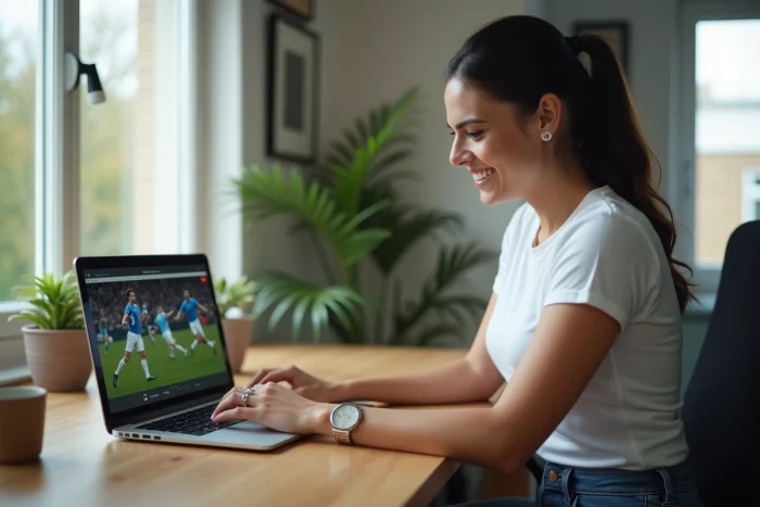 Femme suivant un match de sport en direct sur ordinateur portable depuis son bureau à domicile