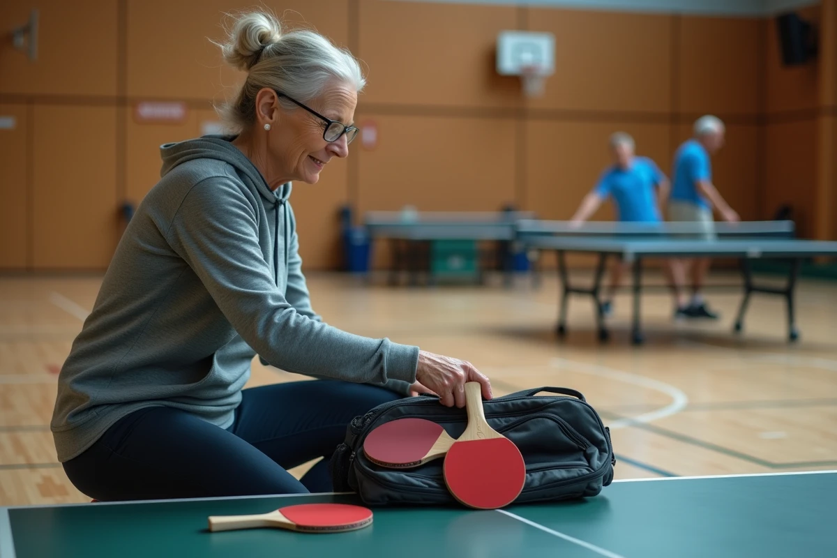 Femme choisissant sa raquette de tennis de table dans un gymnase