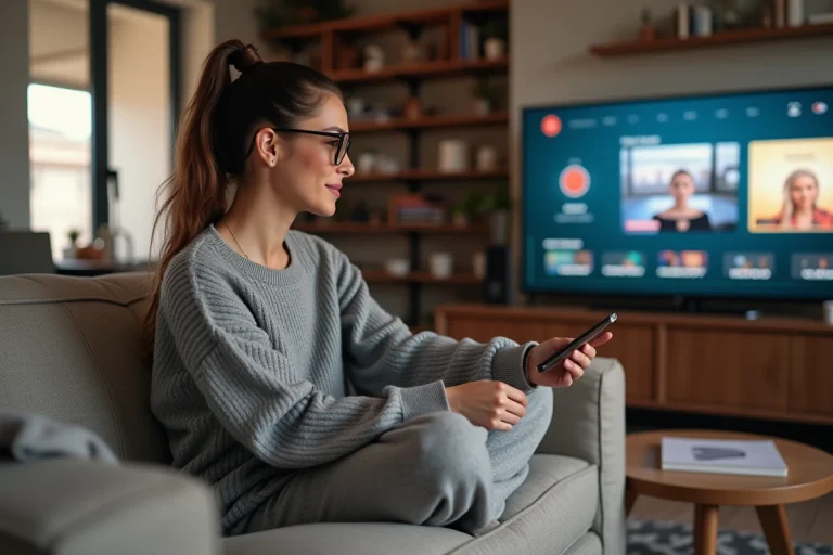 Jeune femme regardant des films en streaming sur sa télévision dans un salon moderne et cosy