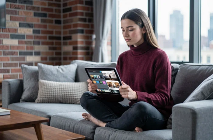 Jeune femme analysant les différences entre plateformes numériques sur une tablette dans un salon contemporain