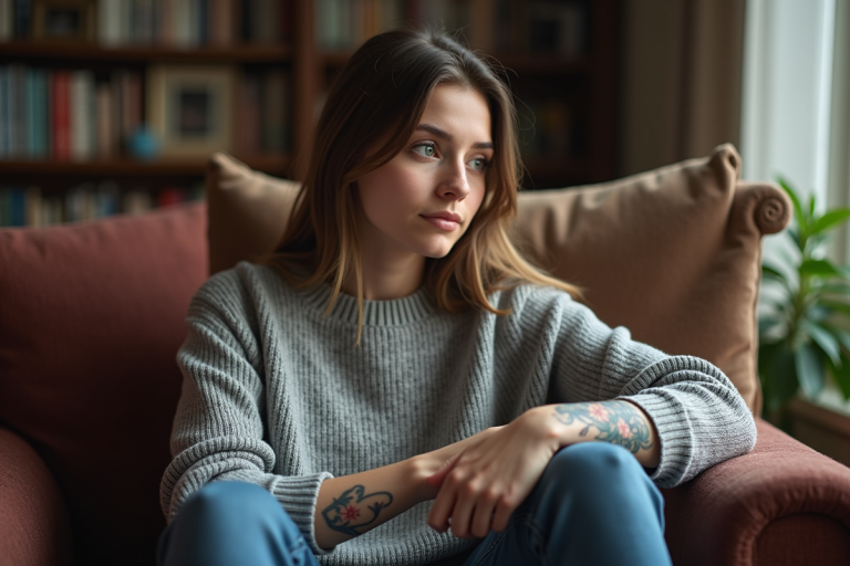 Jeune femme touchant un tatouage coloré dans un salon cozy