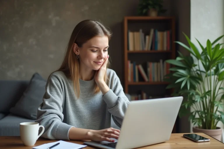 Femme concentrée travaillant sur son ordinateur à la maison