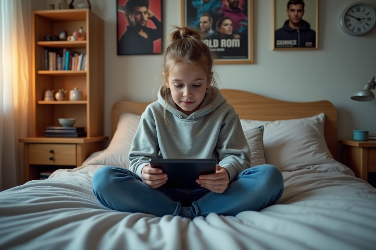 Jeune fille jouant à un jeu vidéo sur sa tablette dans sa chambre
