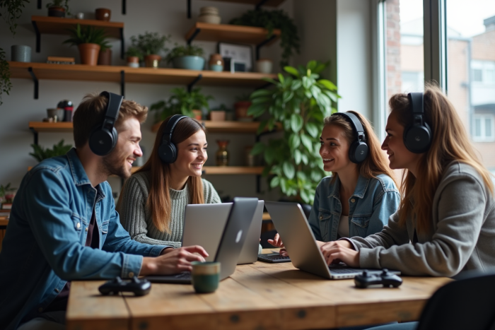 Groupe d'amis jeunes autour d'une table en appartement