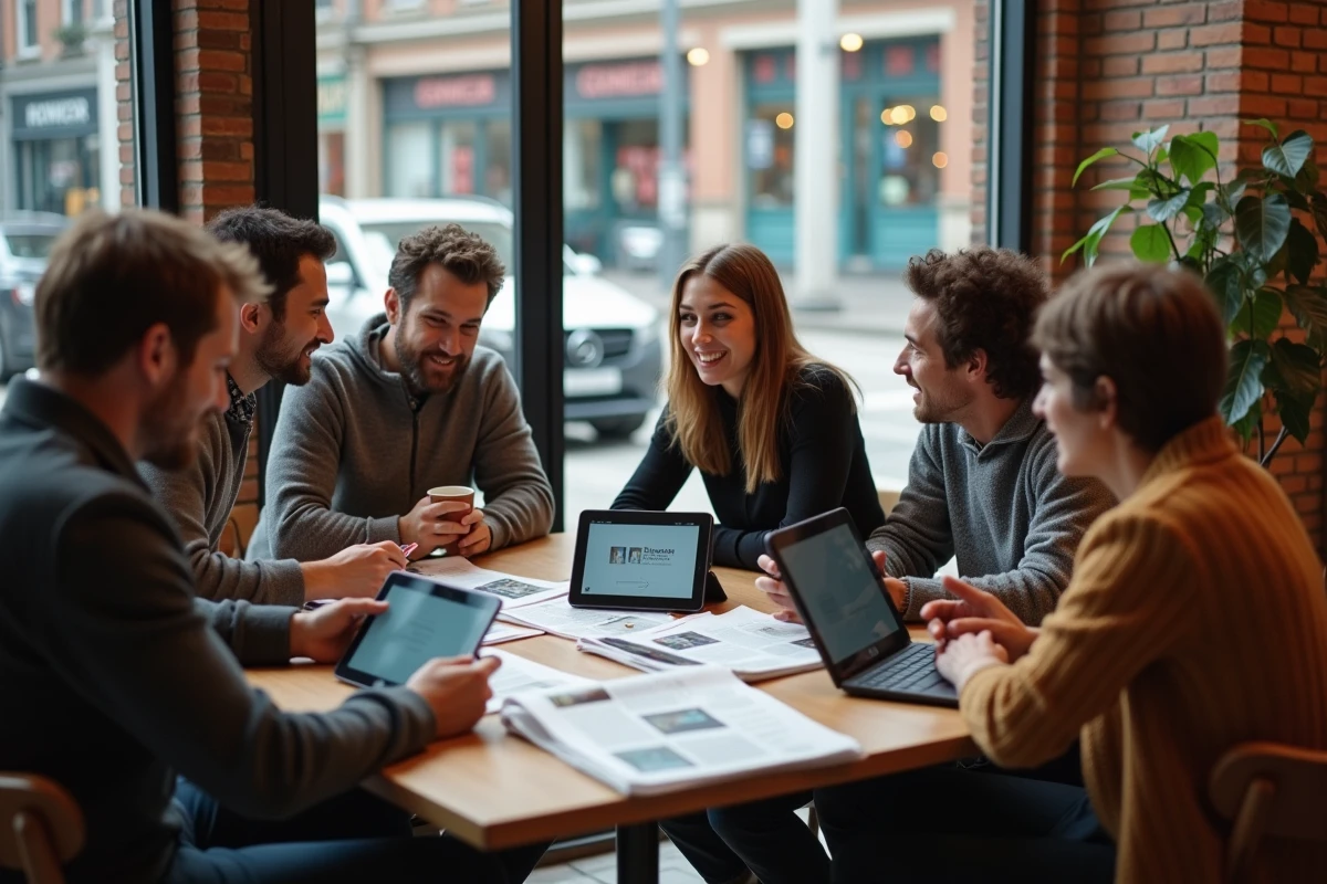 Groupe diversifié discutant autour d une table de café en ville