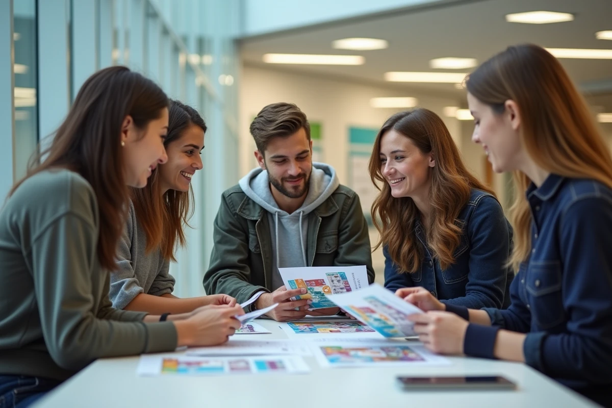Jeunes discutant autour de brochures dans un centre d