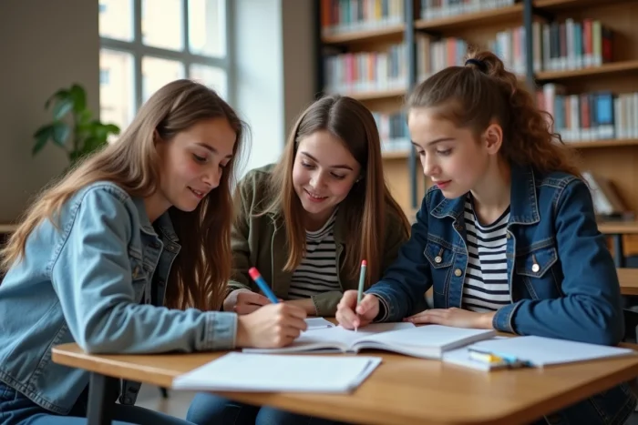Groupe d'élèves de seconde qui travaillent ensemble en bibliothèque du lycée autour d'un manuel scolaire