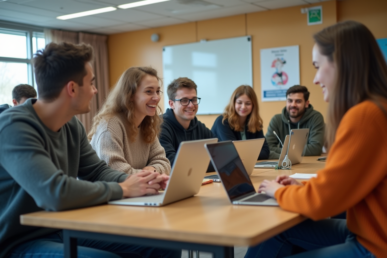 Groupe d'étudiants en classe universitaire souriants