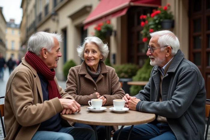 Groupe de personnes âgées françaises discutant en terrasse de café dans une ville de province, symbolisant la vie sociale des octogénaires