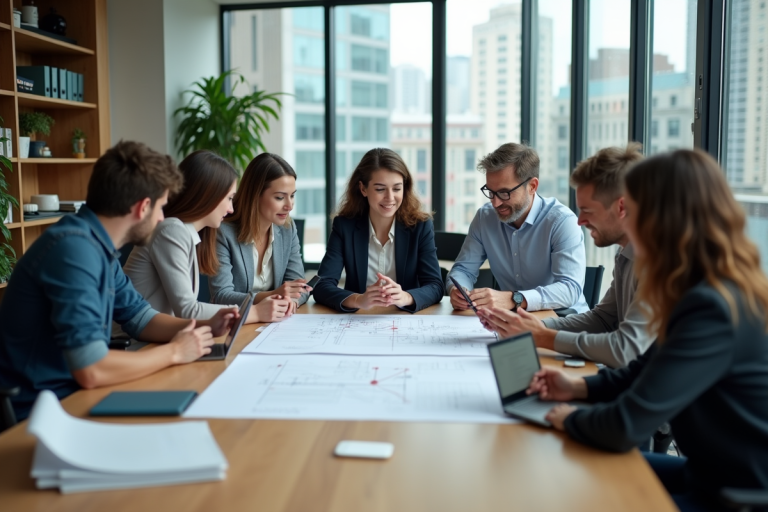 Groupe de scientifiques en réunion de travail moderne