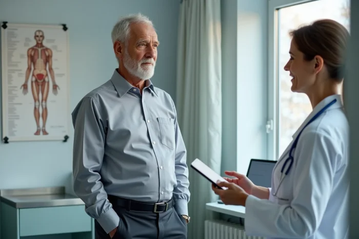 Homme français octogénaire en consultation médicale, illustrant le suivi de santé et l'espérance de vie des personnes âgées en France