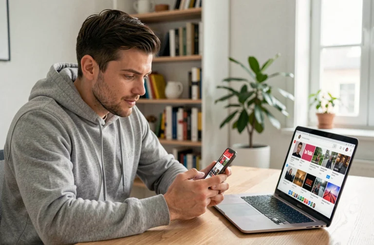 Homme consultant une application de streaming vidéo sur smartphone et ordinateur portable dans un bureau moderne, comparant Google Play et YouTube