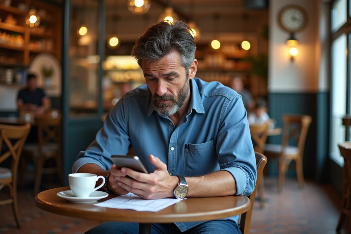 Homme au café français utilisant son smartphone