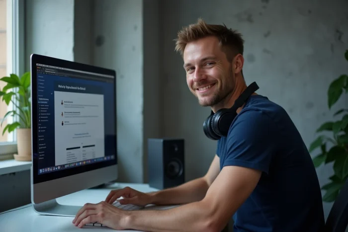 Homme avec casque audio convertissant une vidéo YouTube en MP3 sur un ordinateur de bureau dans un appartement moderne