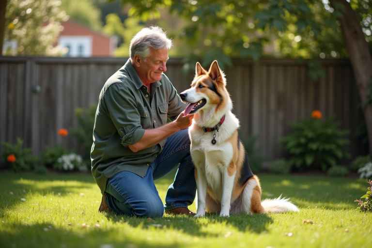 Homme d'âge moyen caressant un chien dans un jardin ensoleille