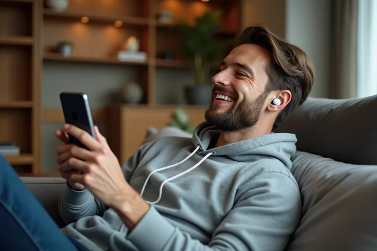 Homme écoutant la radio en direct sur smartphone via une application de streaming, assis confortablement dans son salon