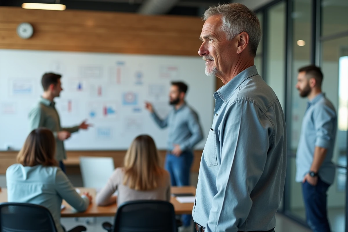 Homme en espace de travail collaboratif avec diagrammes sur tableau blanc
