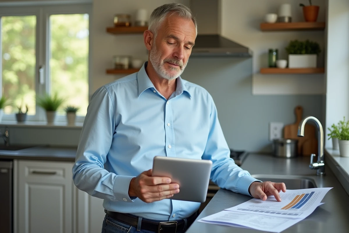 Homme vérifiant ses finances avec une tablette dans la cuisine