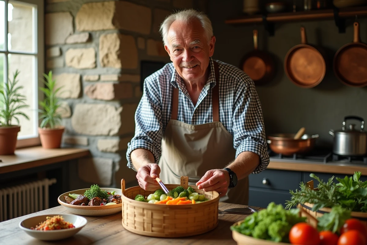 Homme âgé servant légumes vapeur sur table rustique