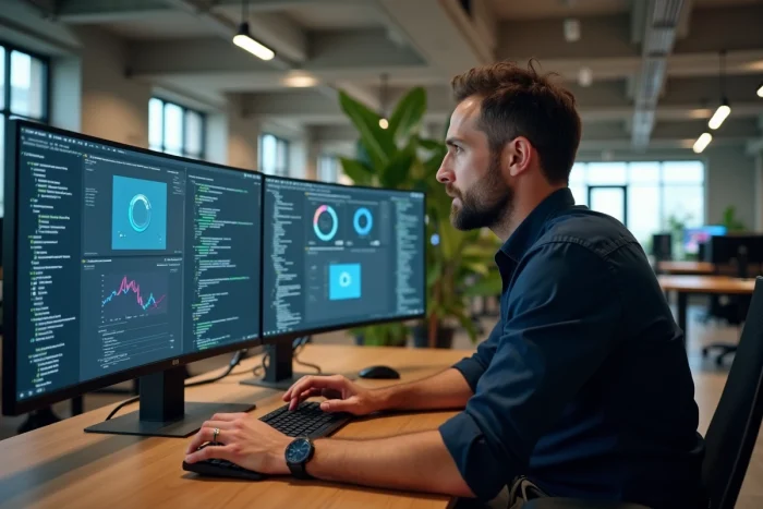 Homme travaillant sur plusieurs écrans avec interfaces d'intelligence artificielle dans un bureau moderne