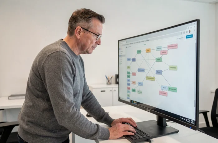 Homme consultant un plan de site hiérarchique sur un grand écran d'ordinateur dans un bureau moderne