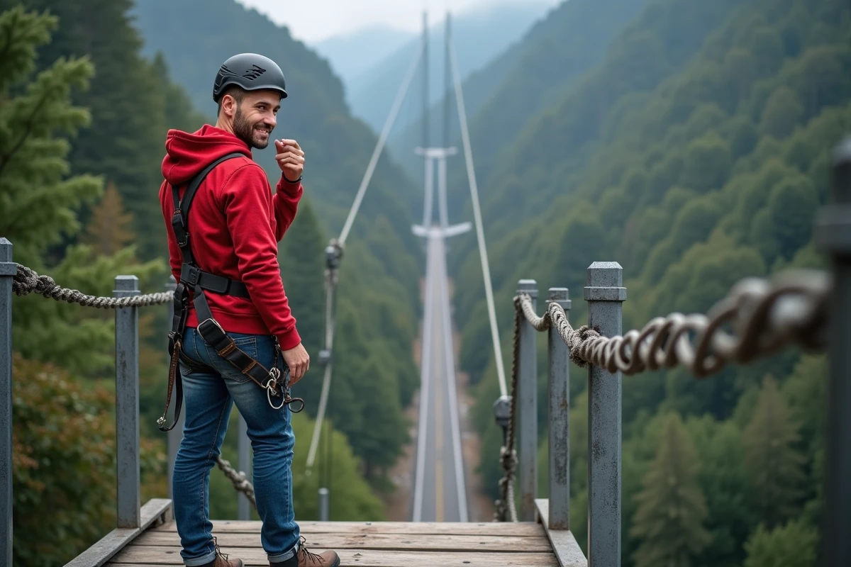 Homme en hoodie rouge se préparant au saut en bungee