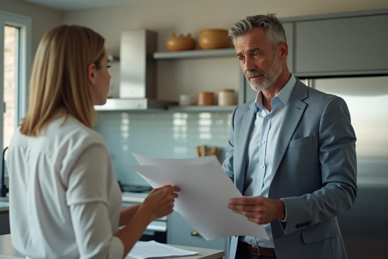 Homme d'âge moyen avec documents de rénovation dans une cuisine moderne