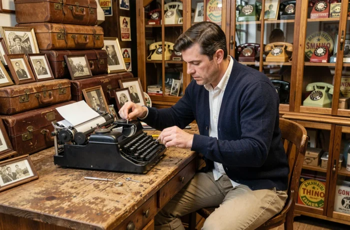 Homme restaurant une machine à écrire vintage dans une boutique d'antiquités aux décors rétro authentiques