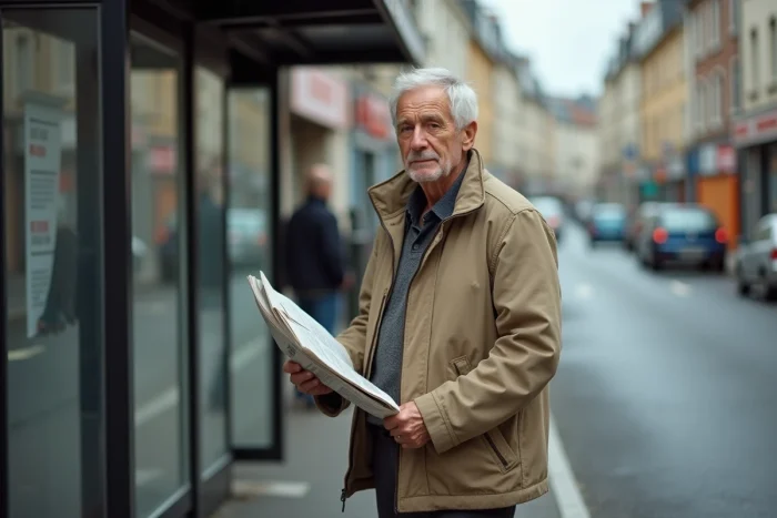 Homme retraité debout à un arrêt de bus dans une rue française avec un journal sous le bras