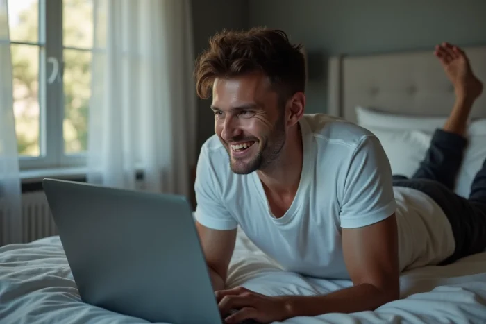 Homme regardant une série en streaming sur ordinateur portable allongé sur son lit