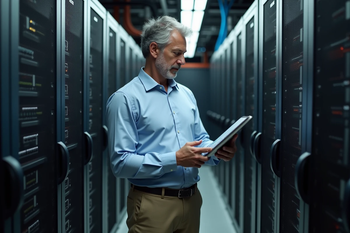 Homme inspectant un serveur dans une salle hightech