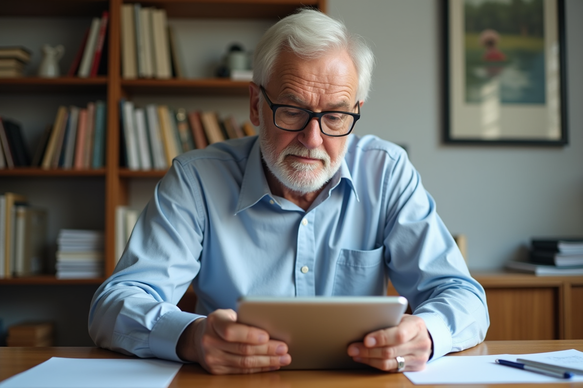 Homme âgé consultant ses dossiers de santé sur une tablette dans un bureau