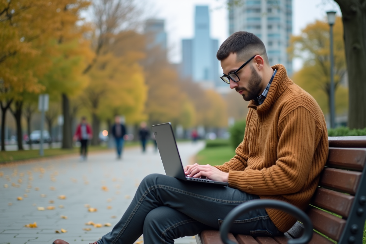 Homme concentré sur son ordinateur dans un parc urbain