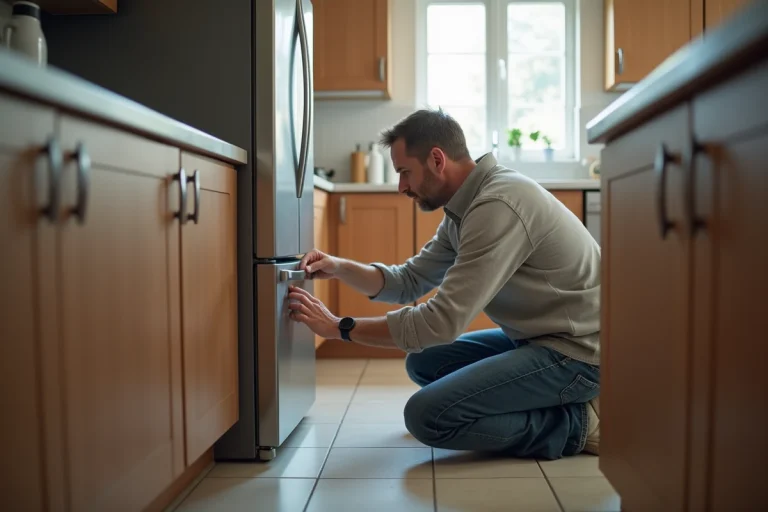 Homme d'âge moyen vérifiant le réfrigérateur dans la cuisine