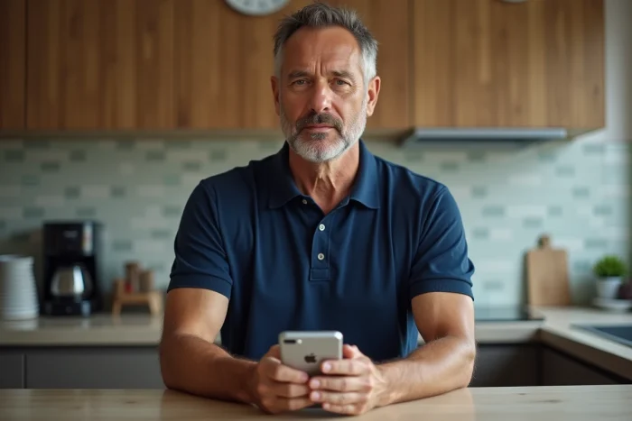 Homme vérifiant les avis clients sur un site d'achat en ligne depuis son smartphone dans une cuisine
